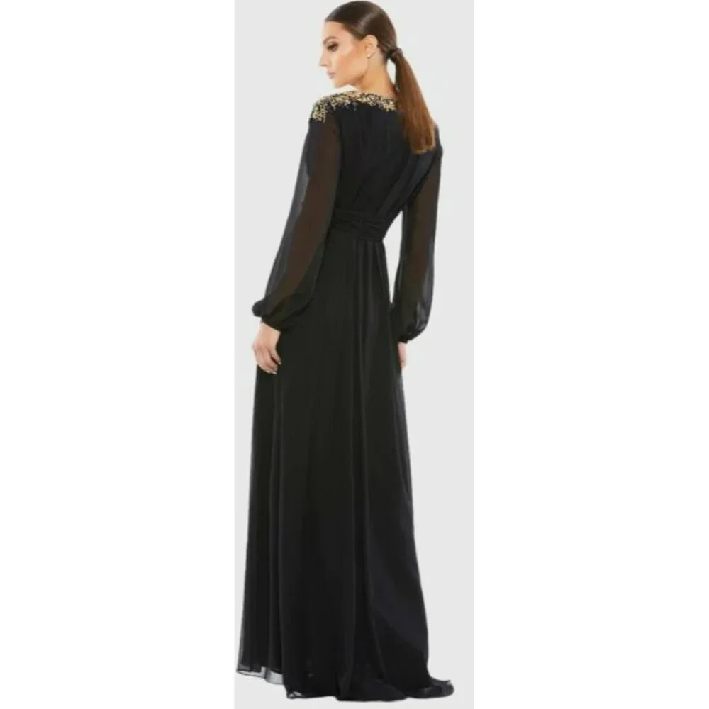 NWT Mac Duggal Black Embellished Shoulder Long Sleeve Gown Maxi Dress Size 4